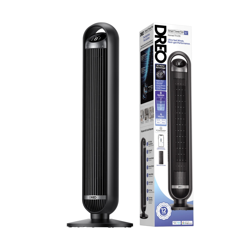 Ventilator Turn Smart Dreo DR-HTF013S, Telecomandă, 8 Viteze, 4 Moduri Funcționare, Oscilație Automată 90°, Timer 8H, Control WiFi, Motor DC Silențios, Negru