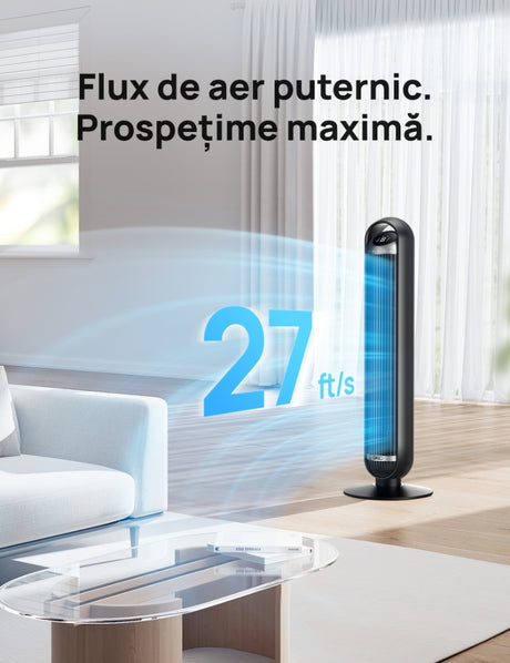 Ventilator Turn Smart Dreo DR-HTF013S, Telecomandă, 8 Viteze, 4 Moduri Funcționare, Oscilație Automată 90°, Timer 8H, Control WiFi, Motor DC Silențios, Negru