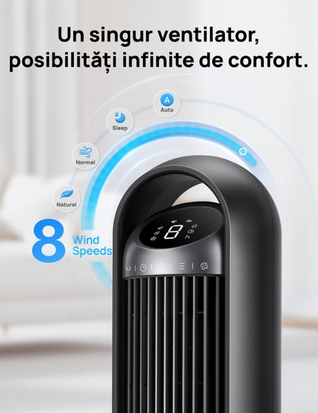 Ventilator Turn Smart Dreo DR-HTF013S, Telecomandă, 8 Viteze, 4 Moduri Funcționare, Oscilație Automată 90°, Timer 8H, Control WiFi, Motor DC Silențios, Negru