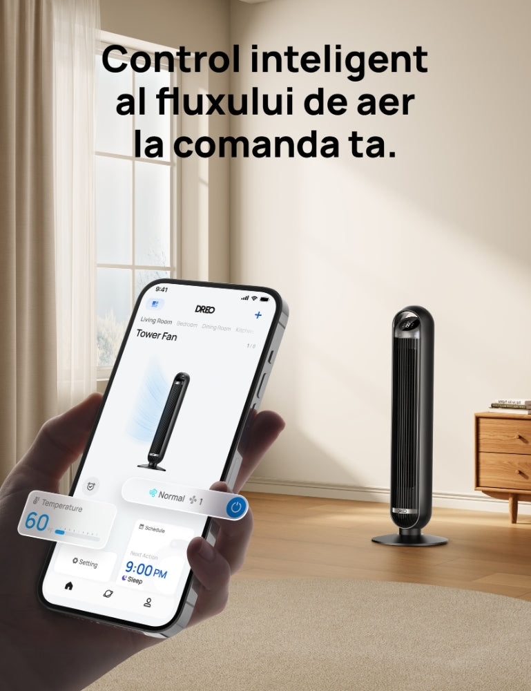 Ventilator Turn Smart Dreo DR-HTF013S, Telecomandă, 8 Viteze, 4 Moduri Funcționare, Oscilație Automată 90°, Timer 8H, Control WiFi, Motor DC Silențios, Negru