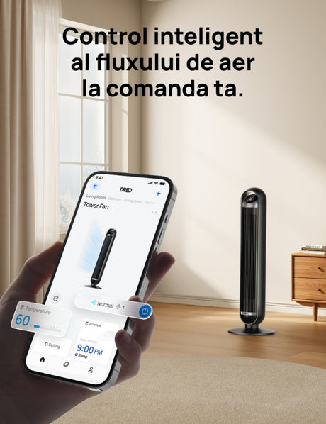 Ventilator Turn Smart Dreo DR-HTF013S, Telecomandă, 8 Viteze, 4 Moduri Funcționare, Oscilație Automată 90°, Timer 8H, Control WiFi, Motor DC Silențios, Negru