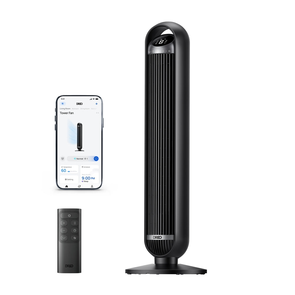 Ventilator Turn Smart Dreo DR-HTF013S, Telecomandă, 8 Viteze, 4 Moduri Funcționare, Oscilație Automată 90°, Timer 8H, Control WiFi, Motor DC Silențios, Negru