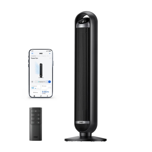 Ventilator Turn Smart Dreo DR-HTF013S, Telecomandă, 8 Viteze, 4 Moduri Funcționare, Oscilație Automată 90°, Timer 8H, Control WiFi, Motor DC Silențios, Negru