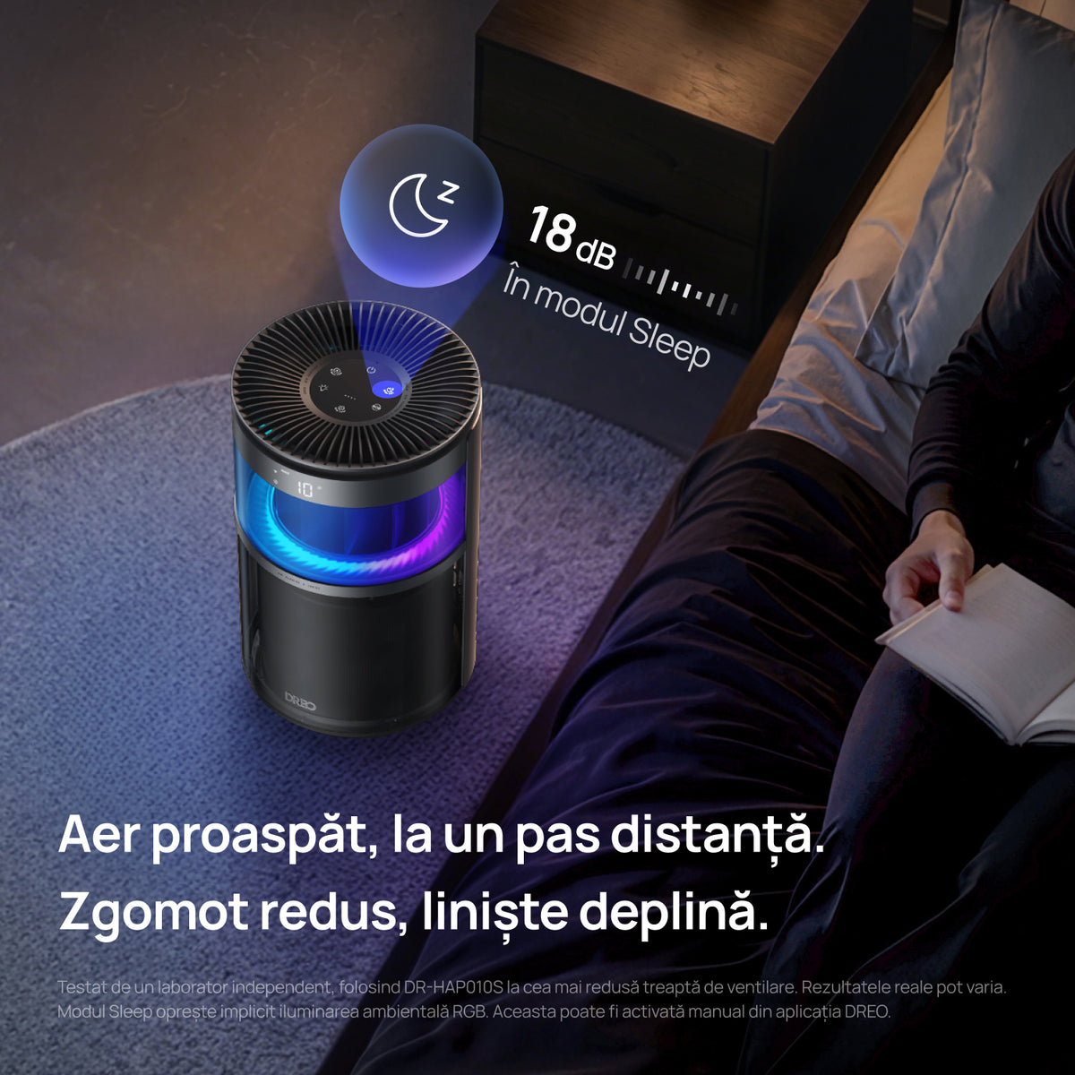 Purificator aer Dreo 530AS Smart, Wifi, 221 m³/h, Filtru 3 in 1 True HEPA, DREO HyperSilent™, 4 trepte de viteză, Mod Turbo, Mod Auto, Mod de noapte, Senzor calitate aer, Lumină ambientală, Până la 90 m², Negru