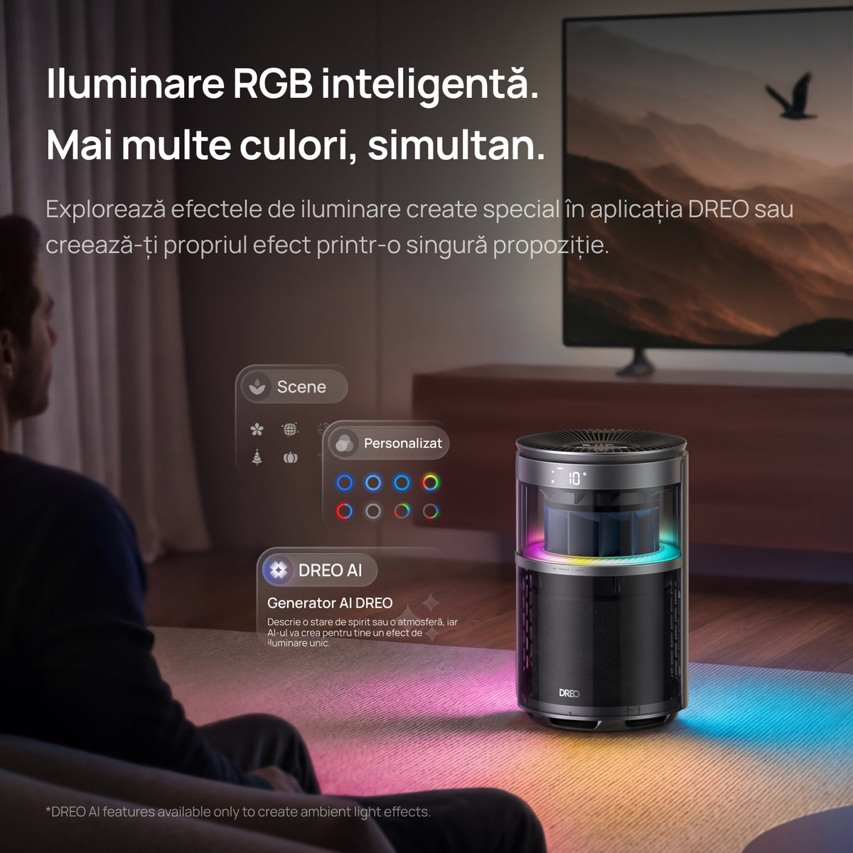 Purificator aer Dreo 530AS Smart, Wifi, 221 m³/h, Filtru 3 in 1 True HEPA, DREO HyperSilent™, 4 trepte de viteză, Mod Turbo, Mod Auto, Mod de noapte, Senzor calitate aer, Lumină ambientală, Până la 90 m², Negru