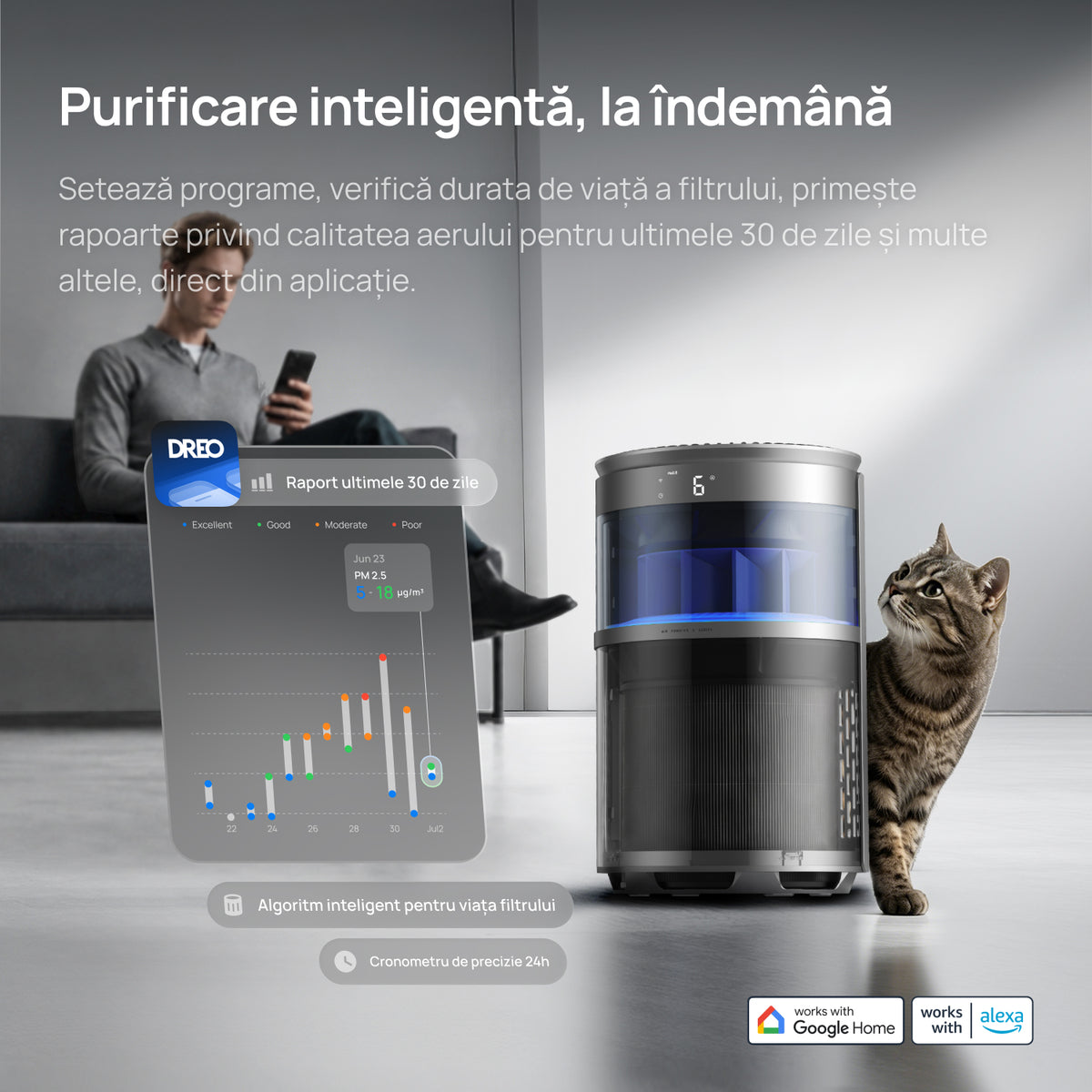 Purificator aer Dreo 530AS Smart, Wifi, 221 m³/h, Filtru 3 in 1 True HEPA, DREO HyperSilent™, 4 trepte de viteză, Mod Turbo, Mod Auto, Mod de noapte, Senzor calitate aer, Lumină ambientală, Până la 90 m², Negru