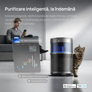 Purificator aer Dreo 530AS Smart, Wifi, 221 m³/h, Filtru 3 in 1 True HEPA, DREO HyperSilent™, 4 trepte de viteză, Mod Turbo, Mod Auto, Mod de noapte, Senzor calitate aer, Lumină ambientală, Până la 90 m², Negru