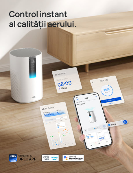 Purificator aer Dreo Macro 505S Smart, WI-FI, CADR 202 m³/h, Filtru 3 in 1 H13 True HEPA, Senzor calitate aer, Mod Auto, Mod de noapte, Lumină ambientală, 4 trepte de viteza, Timer, Până la 17 m2, Alb