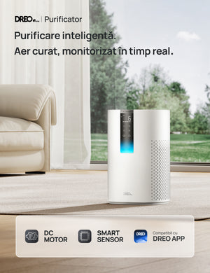 Purificator aer Dreo Macro 505S Smart, WI-FI, CADR 202 m³/h, Filtru 3 in 1 H13 True HEPA, Senzor calitate aer, Mod Auto, Mod de noapte, Lumină ambientală, 4 trepte de viteza, Timer, Până la 17 m2, Alb