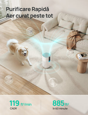 Purificator aer Dreo Macro 505S Smart, WI-FI, CADR 202 m³/h, Filtru 3 in 1 H13 True HEPA, Senzor calitate aer, Mod Auto, Mod de noapte, Lumină ambientală, 4 trepte de viteza, Timer, Până la 17 m2, Alb