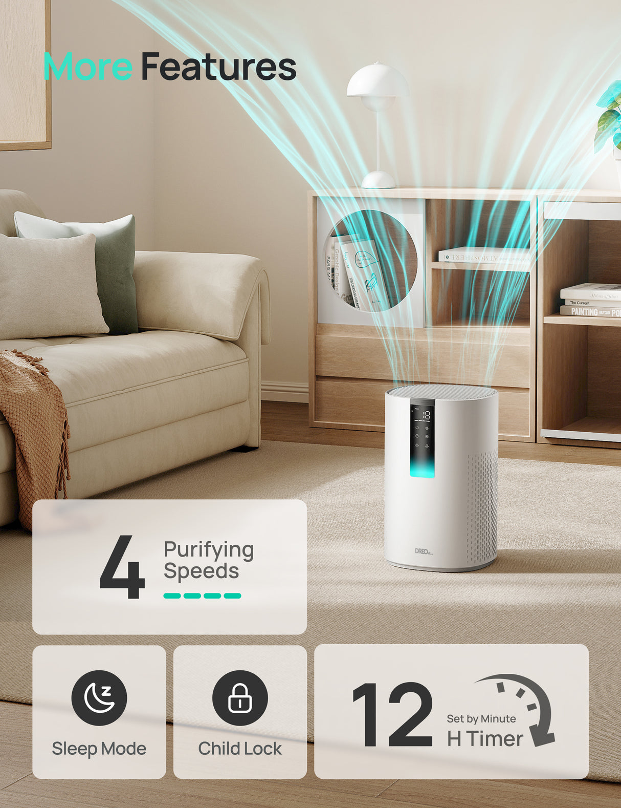 Purificator aer Dreo Macro 505S Smart, WI-FI, CADR 202 m³/h, Filtru 3 in 1 H13 True HEPA, Senzor calitate aer, Mod Auto, Mod de noapte, Lumină ambientală, 4 trepte de viteza, Timer, Până la 17 m2, Alb