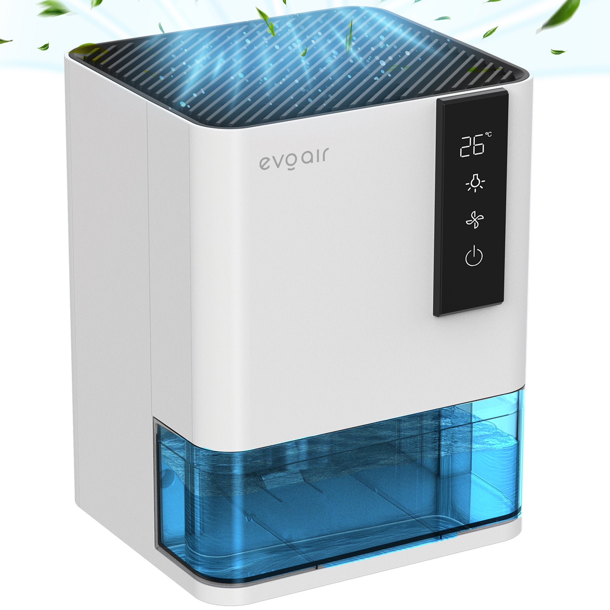 Dezumidificator Evoair HIDRY, 700ml/24h, Senzor de Umiditate/Temperatura, Lumina ambientala in 7 culori, Rezervor 1l, 2 viteze, Functie Auto Dezghetare, Alb