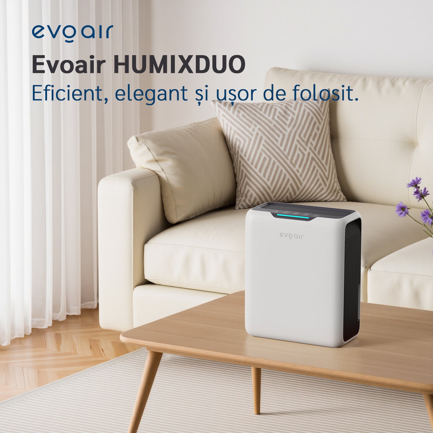 Dezumidificator aer Evoair HUMIXDUO, 500ml/24h, 3 Moduri funcționare, Silențios, Lumină Ambientală, Rezerva cu Silicagel, Timer 48h, Rezervor 2.5l, Alb