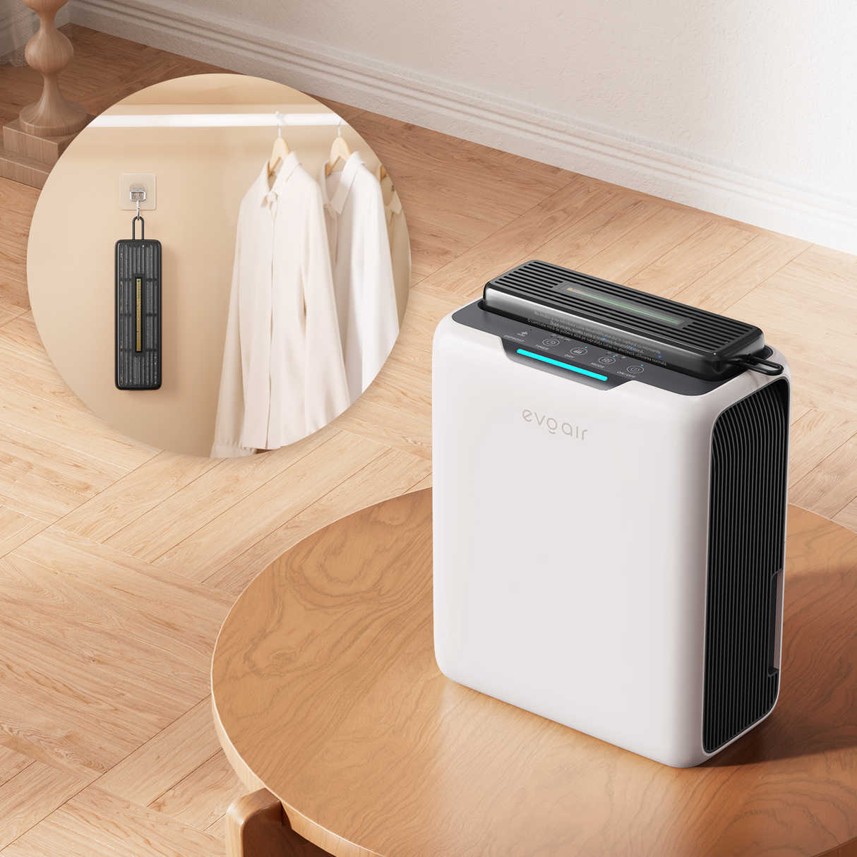 Dezumidificator aer Evoair HUMIXDUO, 500ml/24h, 3 Moduri funcționare, Silențios, Lumină Ambientală, Rezerva cu Silicagel, Timer 48h, Rezervor 2.5l, Alb