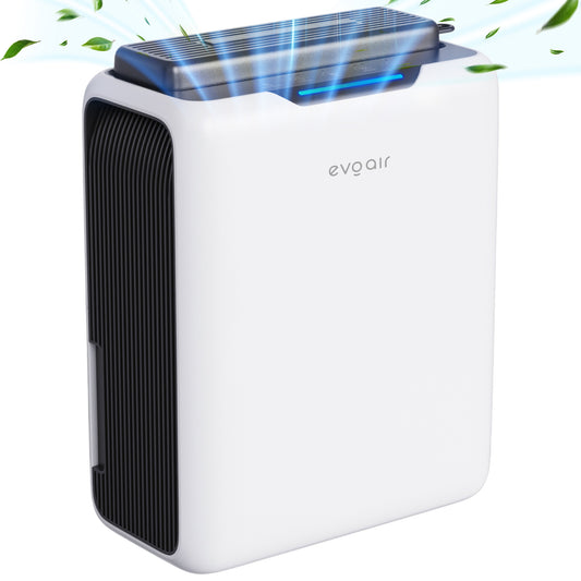 Dezumidificator aer Evoair HUMIXDUO, 500ml/24h, 3 Moduri funcționare, Silențios, Lumină Ambientală, Rezervă cu Silicagel, Timer 48h, Rezervor 2.5l, Alb