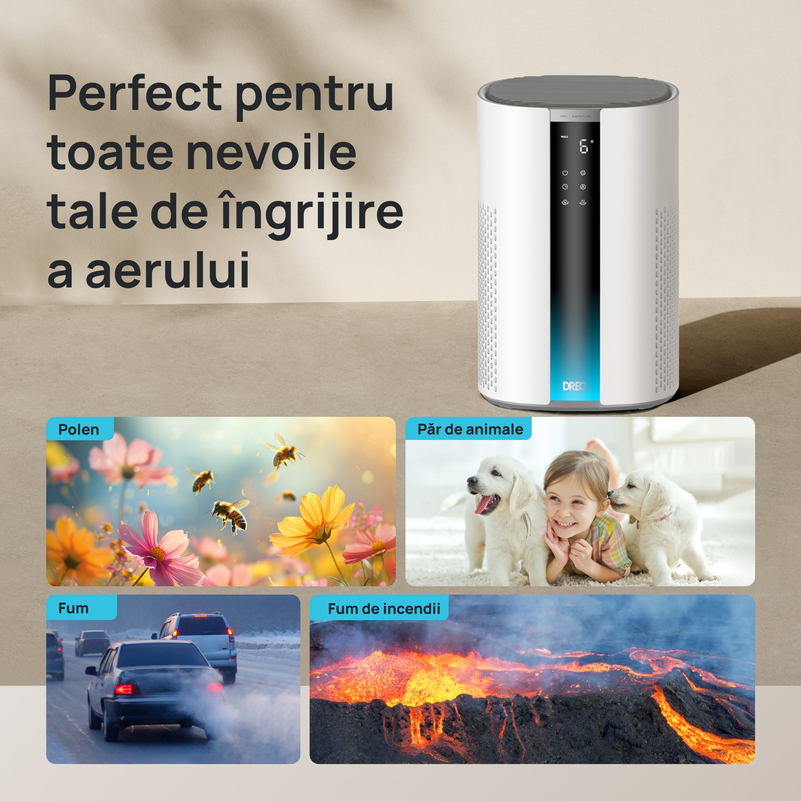 Resigilat! Purificator aer Dreo 337S Smart, Wifi, 243 m³/h, Filtru 3 in 1 H 13 True HEPA, Senzor calitate aer, 4 trepte de viteză, Mod Turbo, Mod Auto, Mod de noapte, Lumină ambientală, Până la 99 m³, Alb