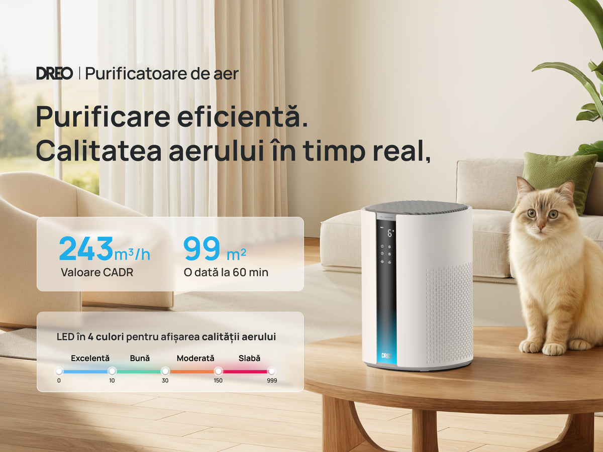 Resigilat! Purificator aer Dreo 337S Smart, Wifi, 243 m³/h, Filtru 3 in 1 H 13 True HEPA, Senzor calitate aer, 4 trepte de viteză, Mod Turbo, Mod Auto, Mod de noapte, Lumină ambientală, Până la 99 m³, Alb