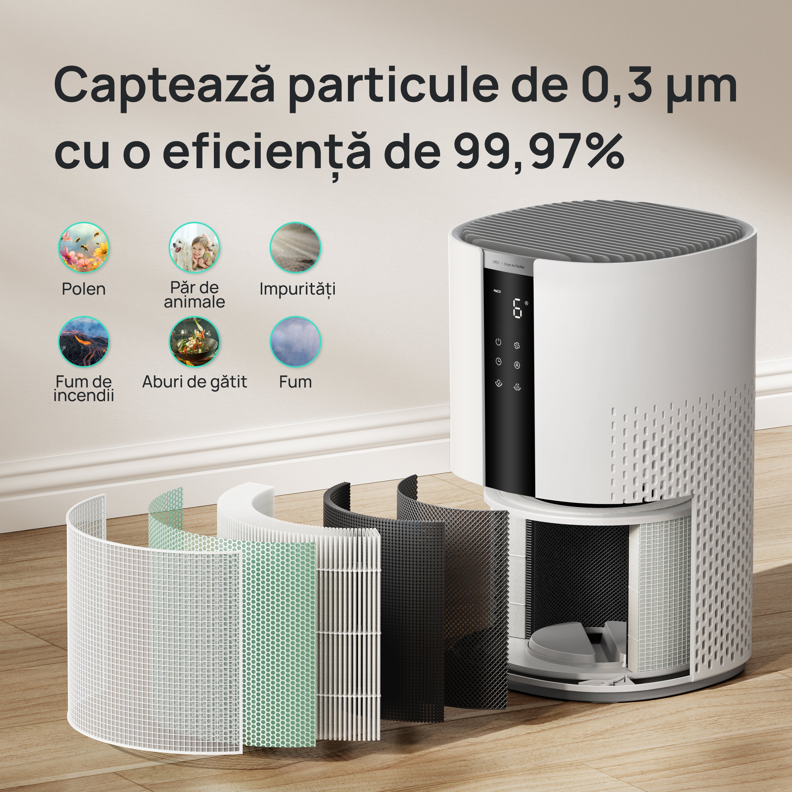 Resigilat! Purificator aer Dreo 337S Smart, Wifi, 243 m³/h, Filtru 3 in 1 H 13 True HEPA, Senzor calitate aer, 4 trepte de viteză, Mod Turbo, Mod Auto, Mod de noapte, Lumină ambientală, Până la 99 m³, Alb