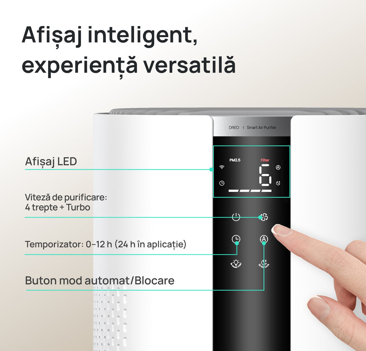 Resigilat! Purificator aer Dreo 337S Smart, Wifi, 243 m³/h, Filtru 3 in 1 H 13 True HEPA, Senzor calitate aer, 4 trepte de viteză, Mod Turbo, Mod Auto, Mod de noapte, Lumină ambientală, Până la 99 m³, Alb