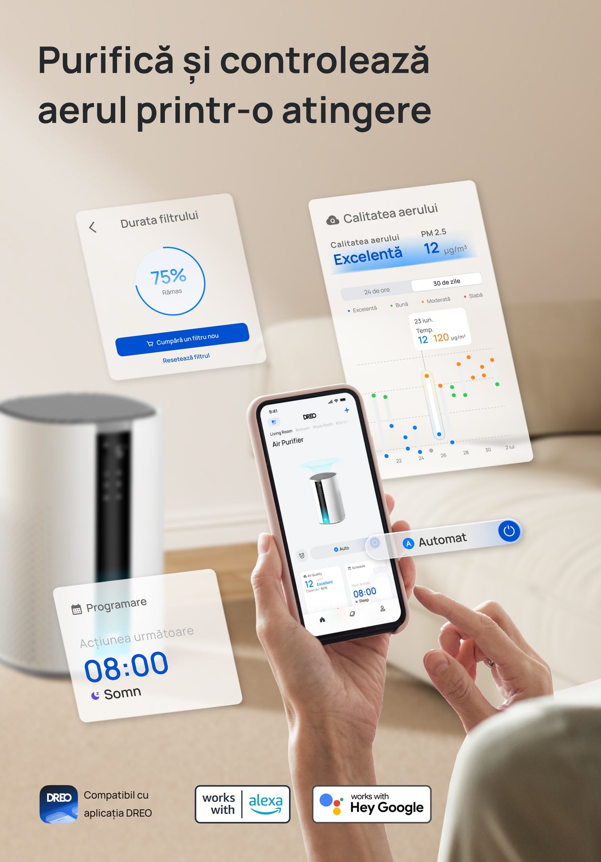 Resigilat! Purificator aer Dreo 337S Smart, Wifi, 243 m³/h, Filtru 3 in 1 H 13 True HEPA, Senzor calitate aer, 4 trepte de viteză, Mod Turbo, Mod Auto, Mod de noapte, Lumină ambientală, Până la 99 m³, Alb