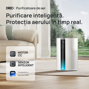 Resigilat! Purificator aer Dreo 337S Smart, Wifi, 243 m³/h, Filtru 3 in 1 H 13 True HEPA, Senzor calitate aer, 4 trepte de viteză, Mod Turbo, Mod Auto, Mod de noapte, Lumină ambientală, Până la 99 m³, Alb