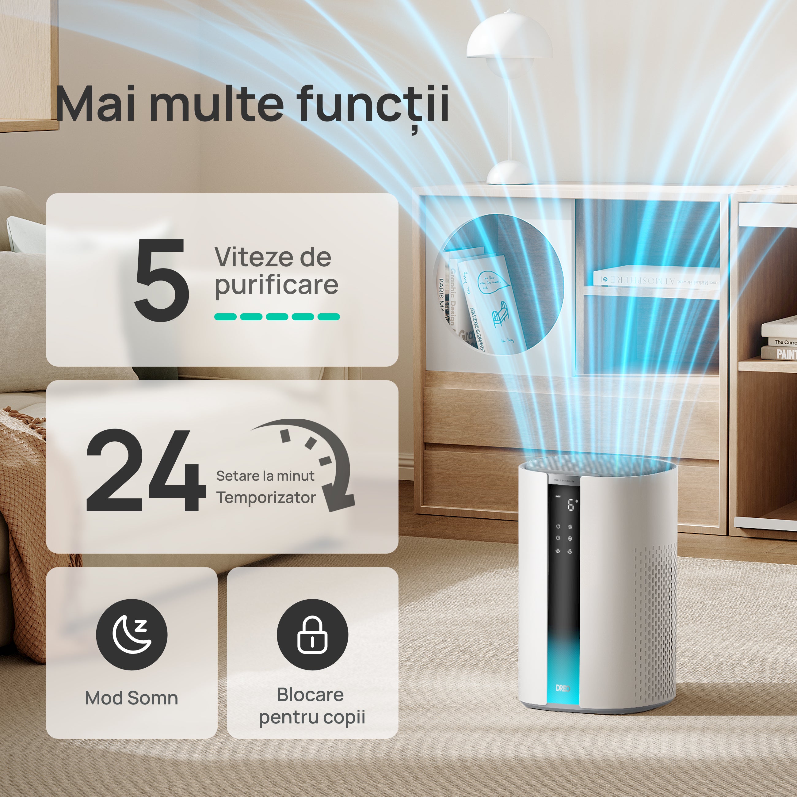 Resigilat! Purificator aer Dreo 337S Smart, Wifi, 243 m³/h, Filtru 3 in 1 H 13 True HEPA, Senzor calitate aer, 4 trepte de viteză, Mod Turbo, Mod Auto, Mod de noapte, Lumină ambientală, Până la 99 m³, Alb