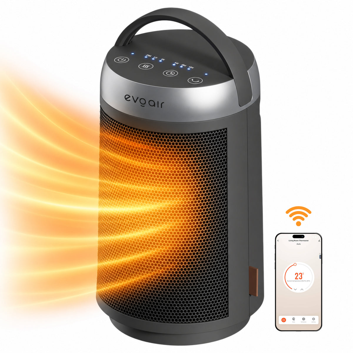 Aerotermă ceramică evoair Warmix 1500, Wi-Fi, Control Aplicație SmartLife, Încălzire Ceramică PTC, Termostat 3 trepte, Oscilație 60°, Protecție Răsturnare, Răcire Automată (60s), Ecran Tactil, Negru