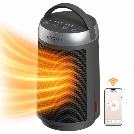 Aerotermă ceramică evoair Warmix 1500, Wi-Fi, Control Aplicație SmartLife, Încălzire Ceramică PTC, Termostat 3 trepte, Oscilație 60°, Protecție Răsturnare, Răcire Automată (60s), Ecran Tactil, Negru