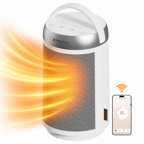 Aerotermă ceramică Evoair Warmix 1500, Wi-Fi, Control Aplicație SmartLife, Încălzire Ceramică PTC, Termostat 3 trepte, Oscilație 60°, Protecție Răsturnare, Răcire Automată (60s), Ecran Tactil, Alb