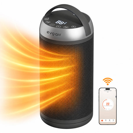 Aerotermă ceramică evoair Warmix 2000 Smart Black, Wi-Fi, Control Aplicație SmartLife, Încălzire Ceramică PTC, Mod ECO, Termostat Reglabil, Oscilație Automată, Timer 8h, Child Lock, Memorie Setări, Ecran Tactil, Negru