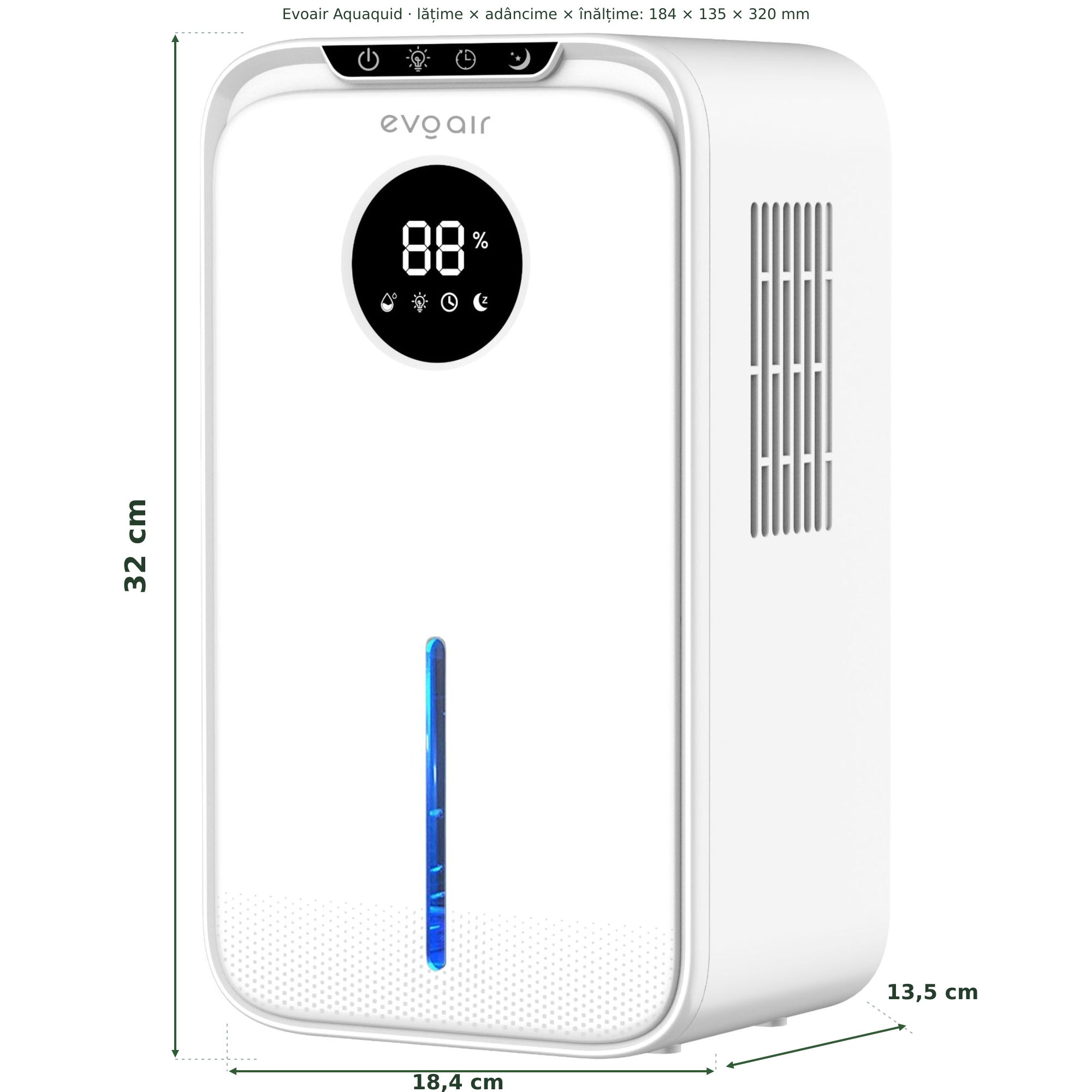 Dezumidificator Evoair, Aquaquid, 1L/24h, Display Digital, Lumină Ambientală RGB, Silențios, Rezervor 2.5l, Alb