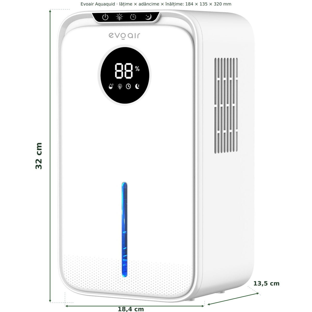 Dezumidificator Evoair, Aquaquid, 1L/24h, Display Digital, Lumină Ambientală RGB, Silențios, Rezervor 2.5l, Alb