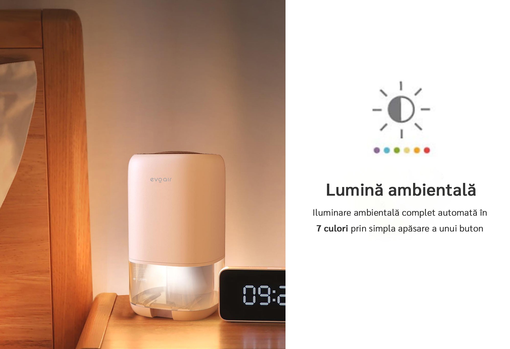 Dezumidificator aer Evoair HUMIX300, 300ml/24h, Silentios, Lumina Ambientală în 7 culori, Rezervor 1l, Alb