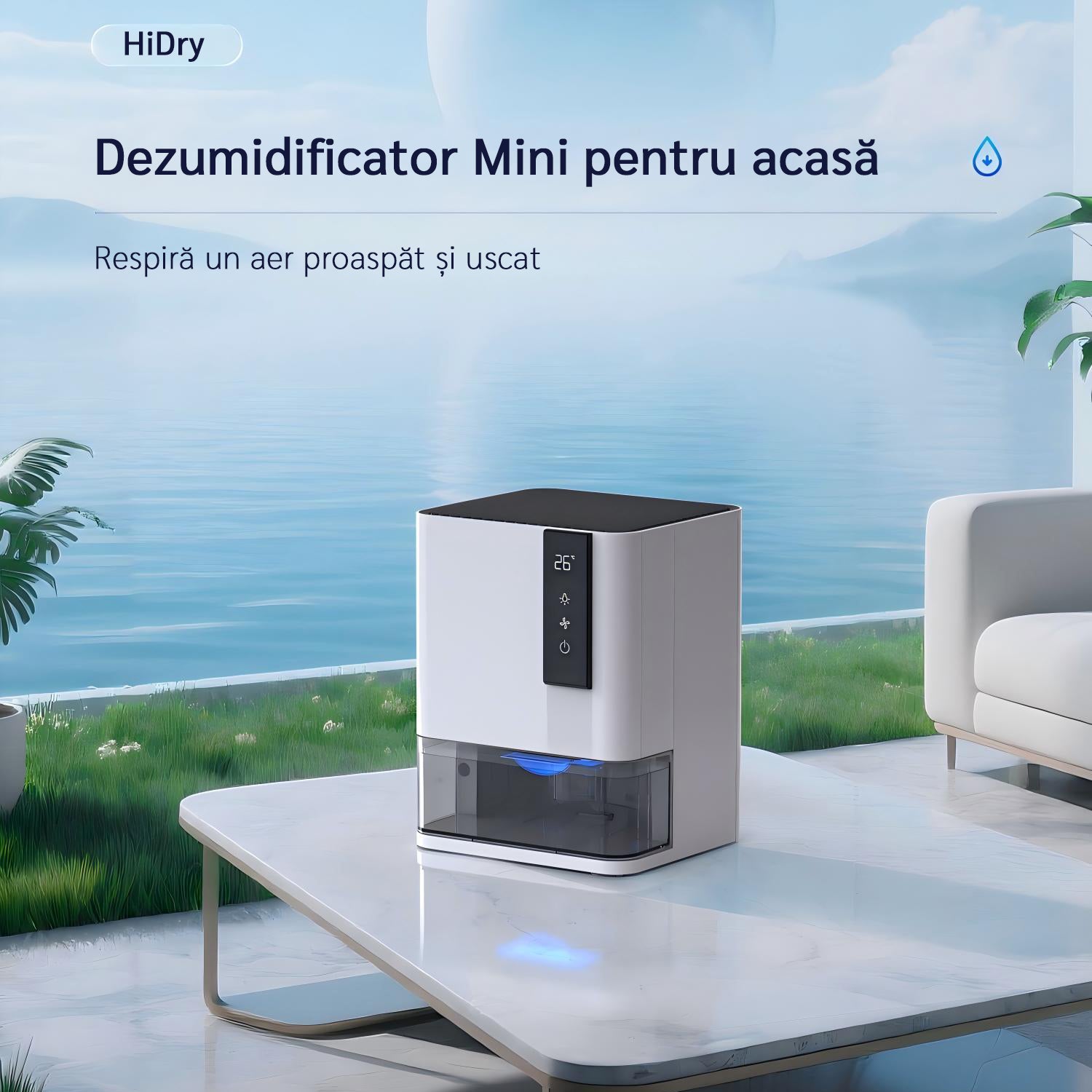 Resigilat! Dezumidificator Evoair HIDRY, 700ml/24h, Senzor de Umiditate/Temperatura, Lumina ambientala in 7 culori, Rezervor 1l, 2 viteze, Functie Auto Dezghetare, Alb