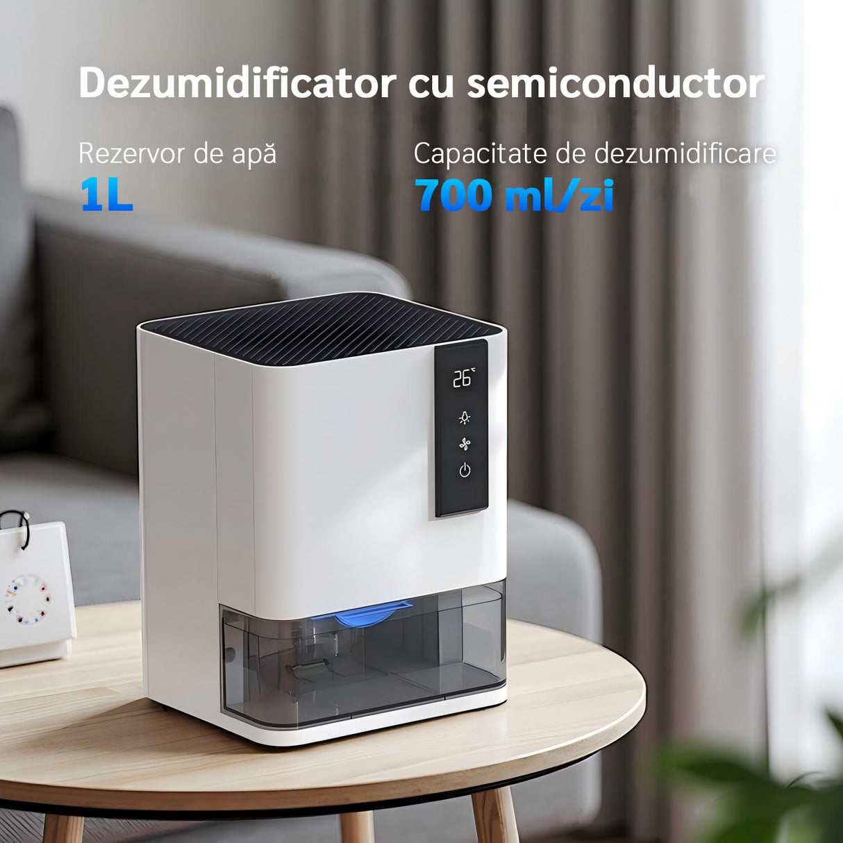 Resigilat! Dezumidificator Evoair HIDRY, 700ml/24h, Senzor de Umiditate/Temperatura, Lumina ambientala in 7 culori, Rezervor 1l, 2 viteze, Functie Auto Dezghetare, Alb