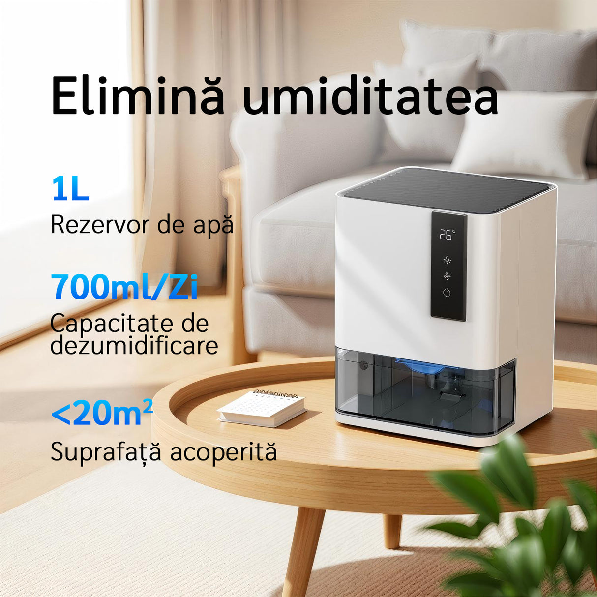Resigilat! Dezumidificator Evoair HIDRY, 700ml/24h, Senzor de Umiditate/Temperatura, Lumina ambientala in 7 culori, Rezervor 1l, 2 viteze, Functie Auto Dezghetare, Alb