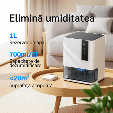 Resigilat! Dezumidificator Evoair HIDRY, 700ml/24h, Senzor de Umiditate/Temperatura, Lumina ambientala in 7 culori, Rezervor 1l, 2 viteze, Functie Auto Dezghetare, Alb
