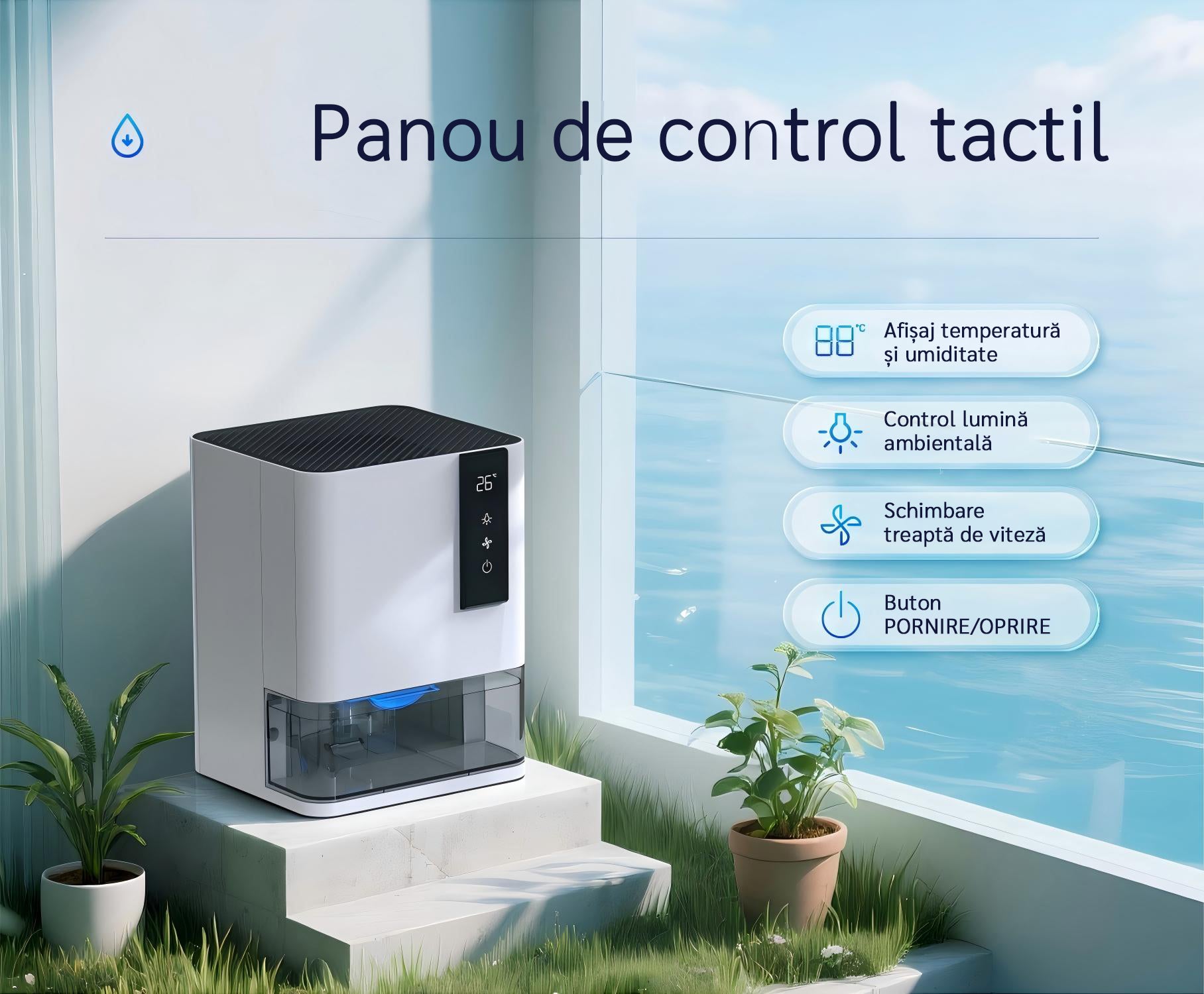 Resigilat! Dezumidificator Evoair HIDRY, 700ml/24h, Senzor de Umiditate/Temperatura, Lumina ambientala in 7 culori, Rezervor 1l, 2 viteze, Functie Auto Dezghetare, Alb