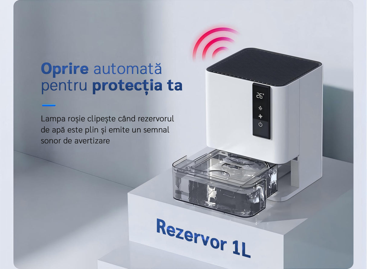 Resigilat! Dezumidificator Evoair HIDRY, 700ml/24h, Senzor de Umiditate/Temperatura, Lumina ambientala in 7 culori, Rezervor 1l, 2 viteze, Functie Auto Dezghetare, Alb