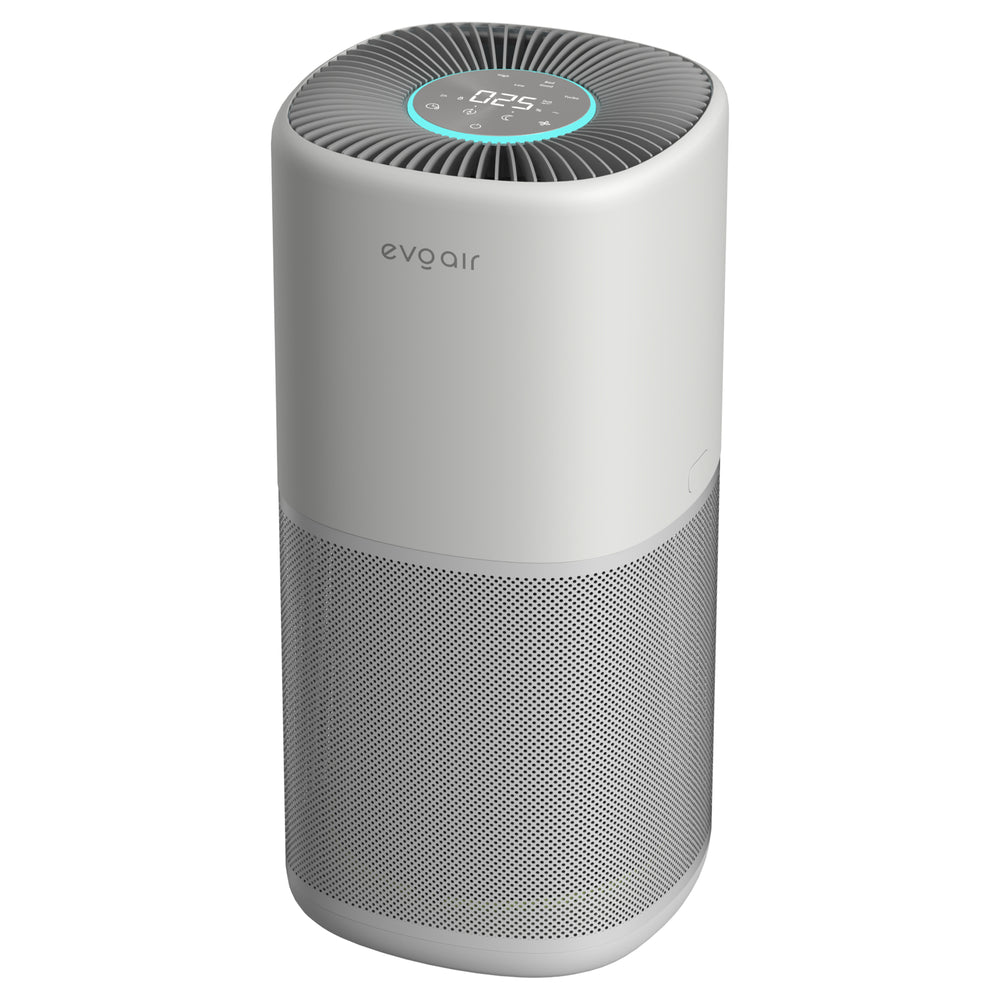 Purificator aer Evoair Aero400, Smart, Wifi, 400 m³/h, Filtru 3in1 True HEPA, Carbon Activ, Pre-filtru, Mod Auto, Mod de noapte, 3 trepte de vitezaTimer, Pana la 85 m2, Alb&Gri