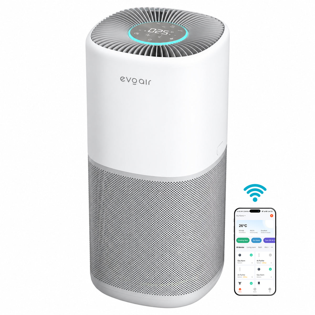 Purificator aer Evoair Aero400, Smart, Wifi, 400 m³/h, Filtru 3in1 True HEPA, Carbon Activ, Pre-filtru, Mod Auto, Mod de noapte, 3 trepte de viteza, Timer, Până la 85 m2, Alb&Gri