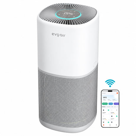 Purificator aer Evoair Aero400, Smart, Wifi, 400 m³/h, Filtru 3in1 True HEPA, Carbon Activ, Pre-filtru, Mod Auto, Mod de noapte, 3 trepte de viteza, Timer, Până la 85 m2, Alb&Gri