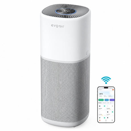 Purificator aer Evoair Aero600, Smart, Wifi, 600 m³/h, Filtru 3in1 True HEPA, Carbon Activ, Pre-filtru, Mod Auto, Mod de noapte, 3 trepte de viteza, Timer, Până la 150 m2, Alb&Gri