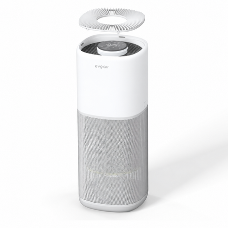 Purificator aer Evoair Aero600, Smart, Wifi, 600 m³/h, Filtru 3in1 True HEPA, Carbon Activ, Pre-filtru, Mod Auto, Mod de noapte, 3 trepte de viteza, Timer, Până la 150 m2, Alb&Gri