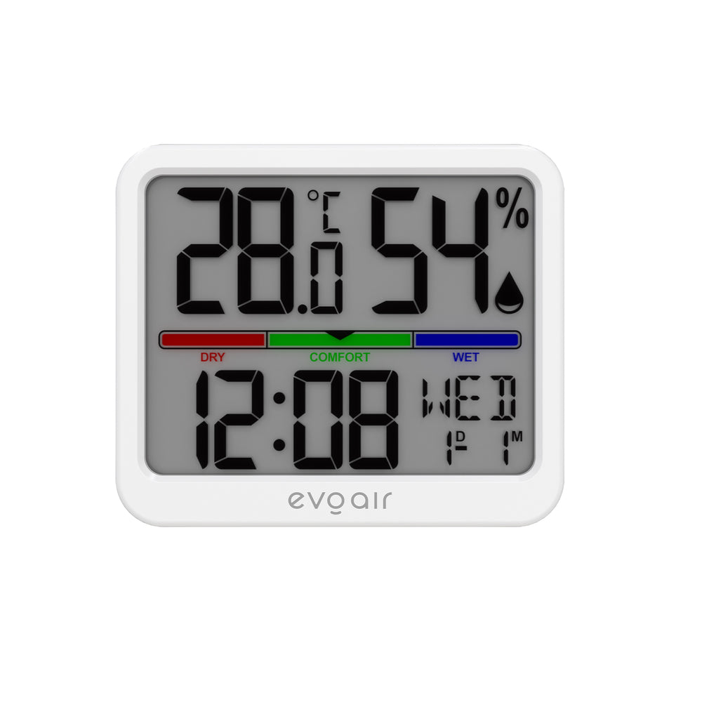 Higrometru si termometru digital, Evoair SENTIMINI, indicator umiditate și temperatură, data si ora, Alb