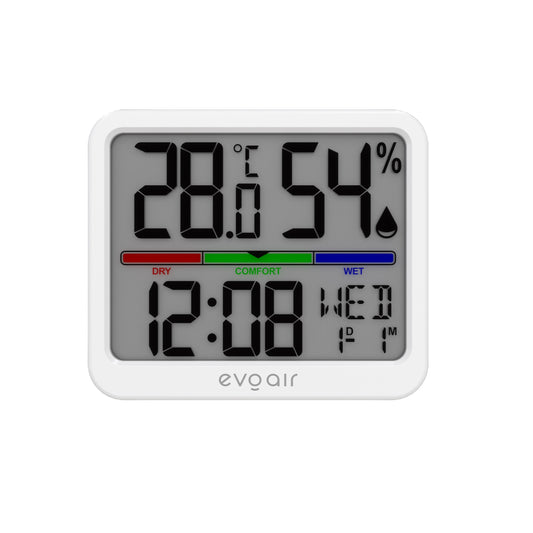 Higrometru si termometru digital, Evoair SENTIMINI, indicator umiditate și temperatură, data si ora, Alb
