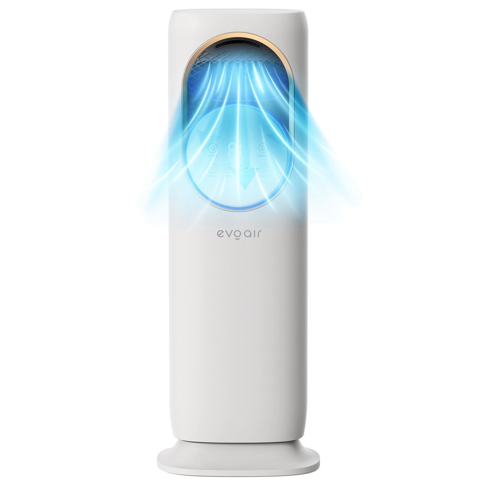 Ventilator turn 4 in 1 Evoair BRIIS GOLD, Aerotermă, Răcitor, Umidificator, Sterilizator UV, Telecomanda, 2 viteze Încălzire, 3 viteze Răcire, Pastile Racire 2+2 Cadou, Rezervor 3.15l Alb/Auriu