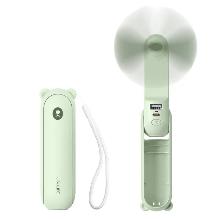 Ventilator portabil de mână JISULIFEl, Life8, autonomie 12-21h, baterie 2000mAh, funcție Power Bank, lanternă LED, design pliabil, 2 viteze, încărcare rapidă, Verde mentă
