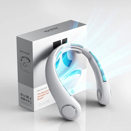 Ventilator portabil de gât JISULIFE Life4, autonomie 2.5-16.5h, baterie 5000mAh, 5 viteze, încărcare rapidă, Alb