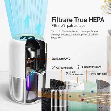 Purificator de aer Evoair, YuvoSpin, Lampă UV-C, Filtru 3in1, True Hepa, Carbon Activ, Pre-filtru, 4 viteze, Funcție Polen/Animale, Mod Noapte, Blocare Ecran, Lumină Ambientală, Negru